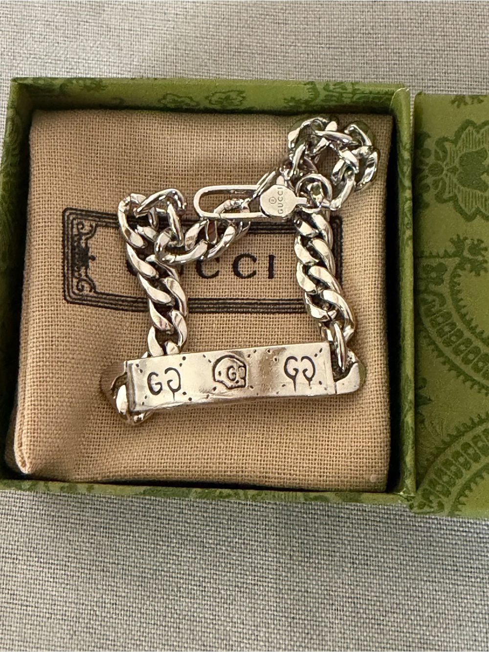Sterling Silver GucciGhost Hamlet Skull ID Chain Bracelet